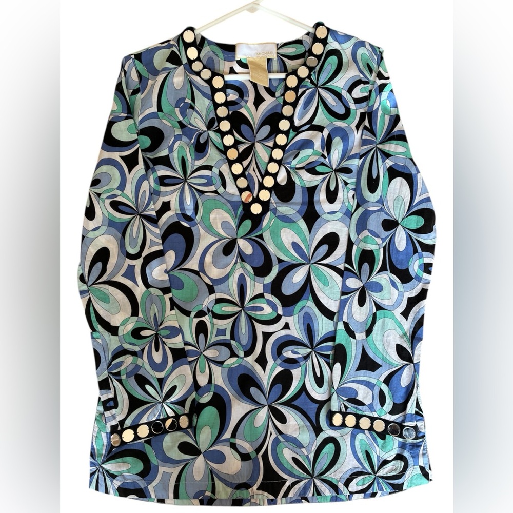 Michael Kors Embellished Retro Floral Blue Tunic Cotton Cover Up Dress Small